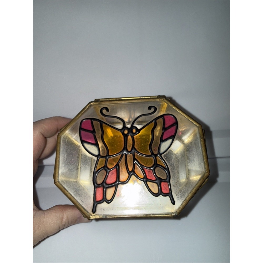 Vtg Walmart Glass & Brass Trinket Jewelry Box Mirror Bottom Painted Butterfly‎